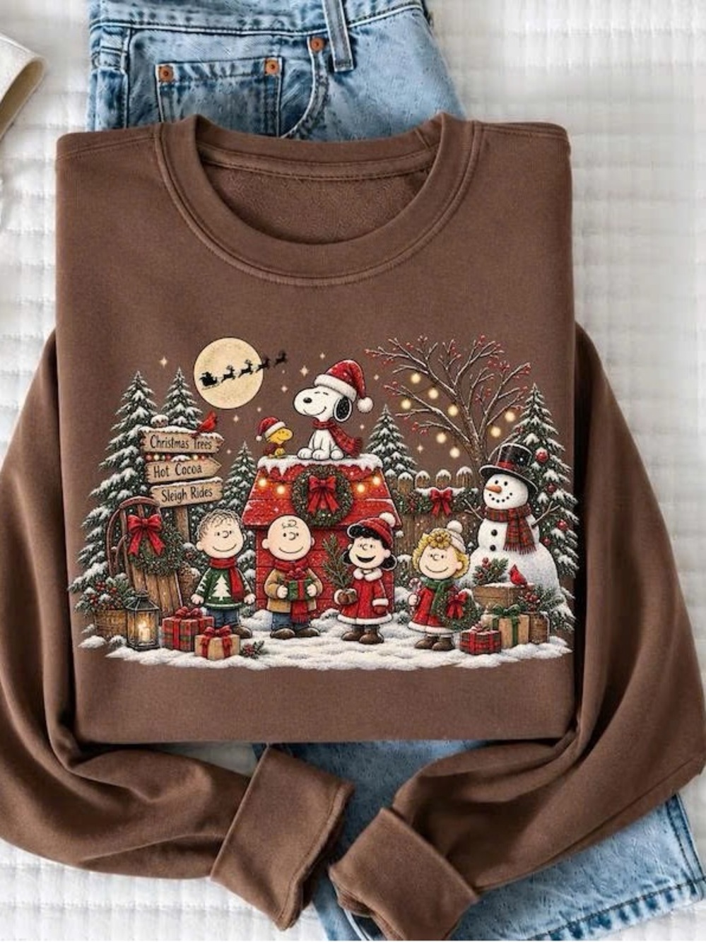 Peanuts Holiday Crewneck Sweatshirt - Brown Christmas Graphic